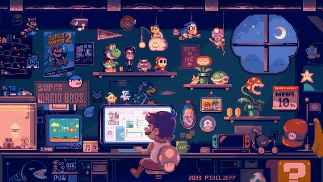 Pixel Jeff Mario Night Desk, a Gaming live wallpaper for Mac