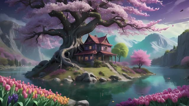 Serene Sakura Tree Fantasy House, a Nature live wallpaper for Mac