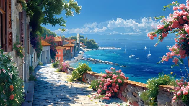 Sunlit Coastal Village, a Nature live wallpaper for Mac